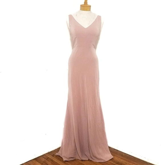 Jenny Yoo Delaney Bridesmaid Blush Rose Petal Dress Maxi V Neck Low Back Bow - Picture 2 of 12